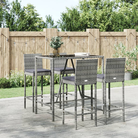 5 Piece Patio Bar Set with Cushions Gray Poly Rattan