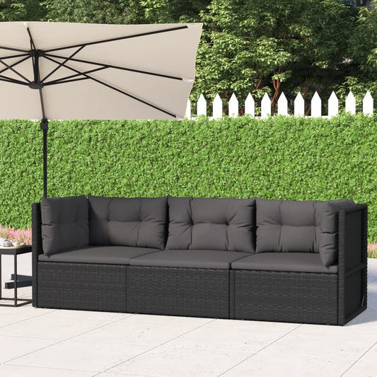 3 Piece Patio Lounge Set with Cushions Black Poly Rattan