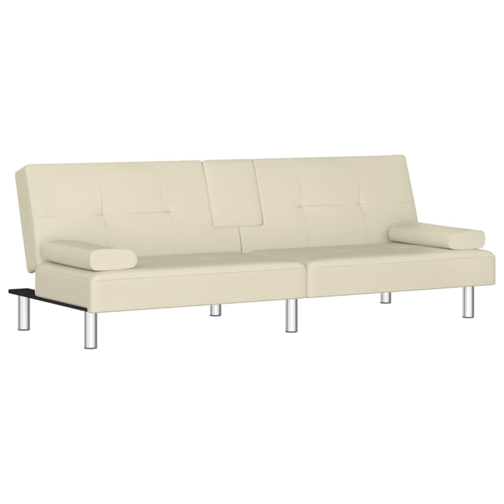 Sofa Bed with Cup Holders Cream Faux Leather