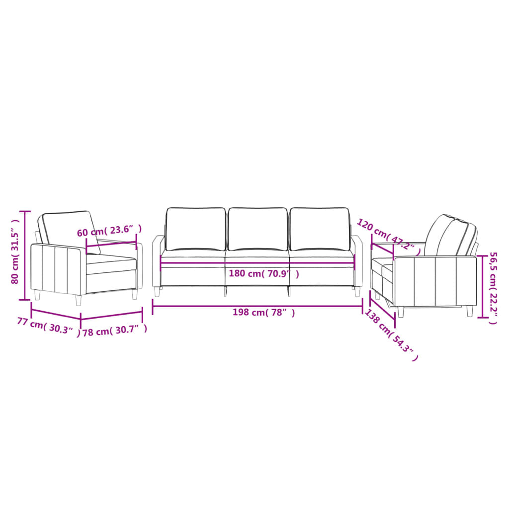 3 Piece Sofa Set with Cushions Light Gray Velvet