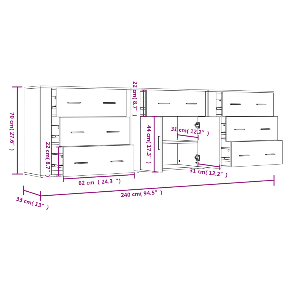 Sideboards 3 pcs Black Engineered Wood