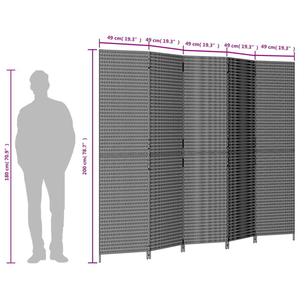 Room Divider 5 Panels Gray Poly Rattan