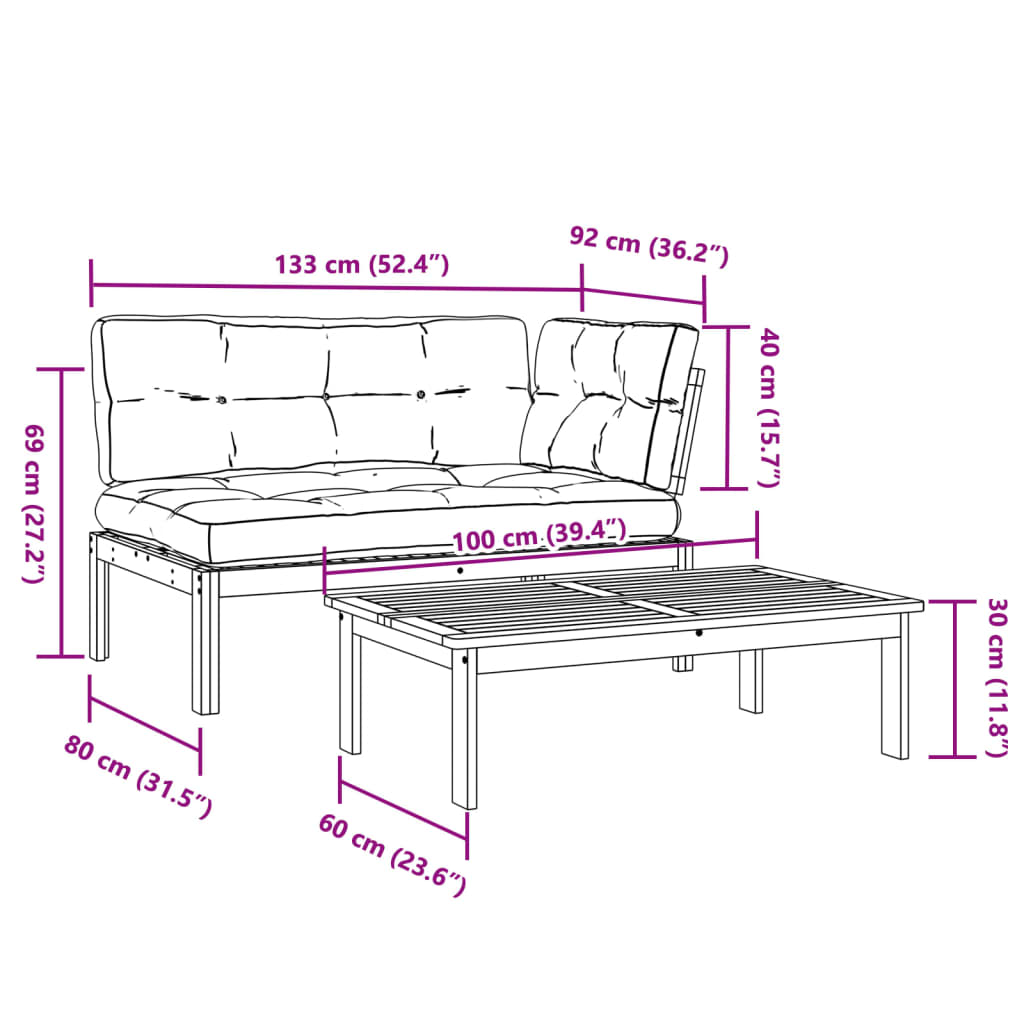 2 Piece Patio Pallet Sofa Set with Cushions Solid Wood Acacia