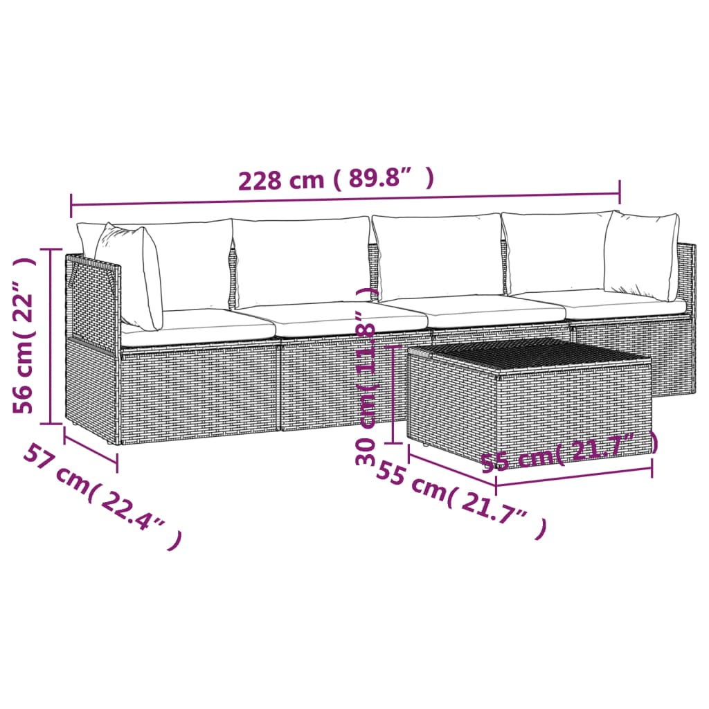 5 Piece Patio Lounge Set with Cushions Gray Poly Rattan