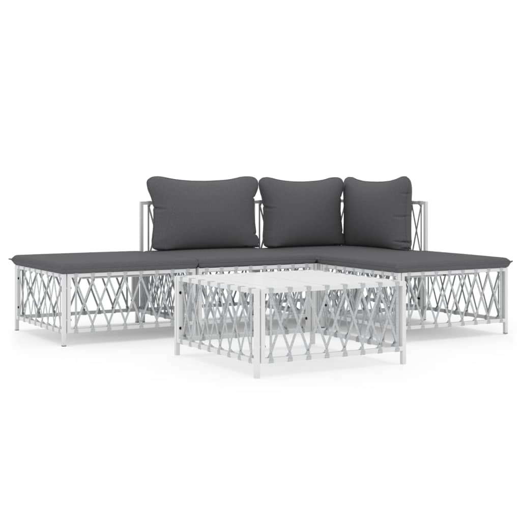 5 Piece Patio Lounge Set with Cushions White Steel