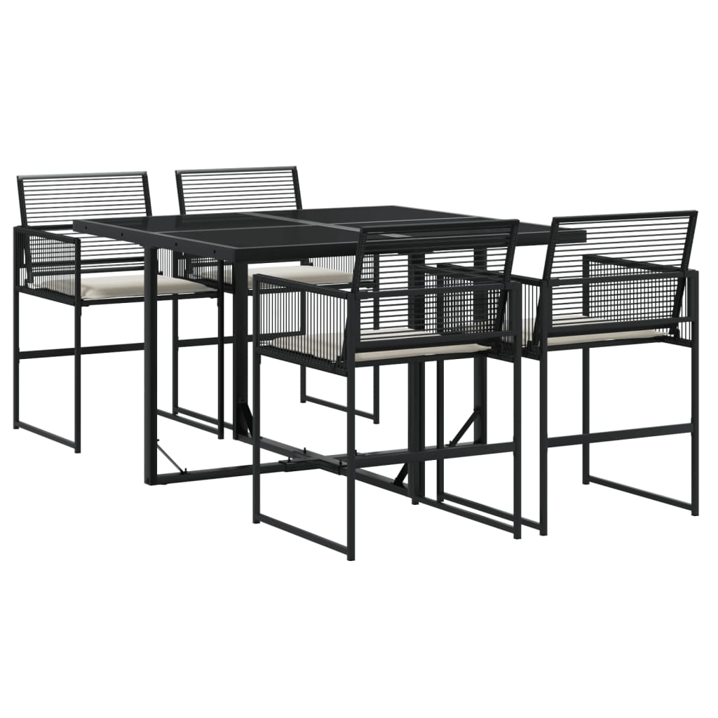 5 Piece Patio Dining Set with Cushions Black Poly Rattan