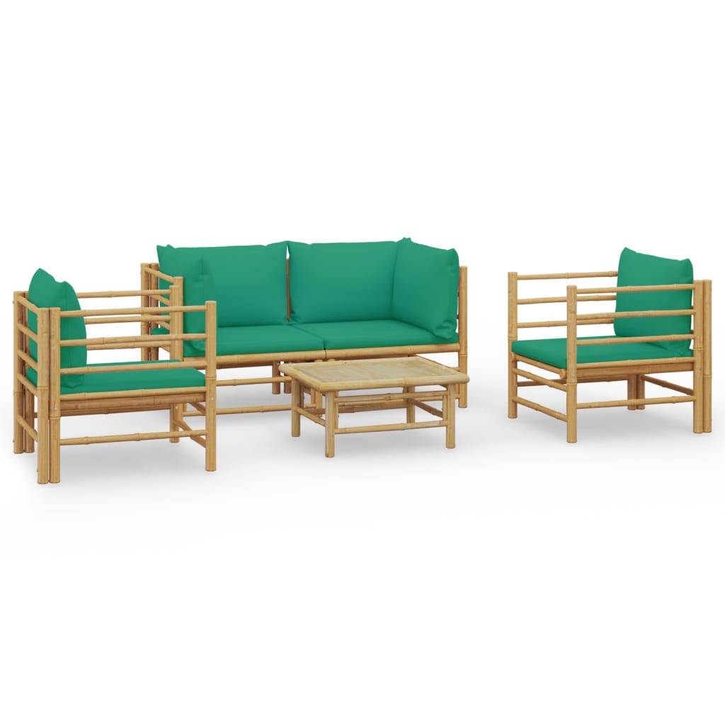 5 Piece Patio Lounge Set with Green Cushions Bamboo