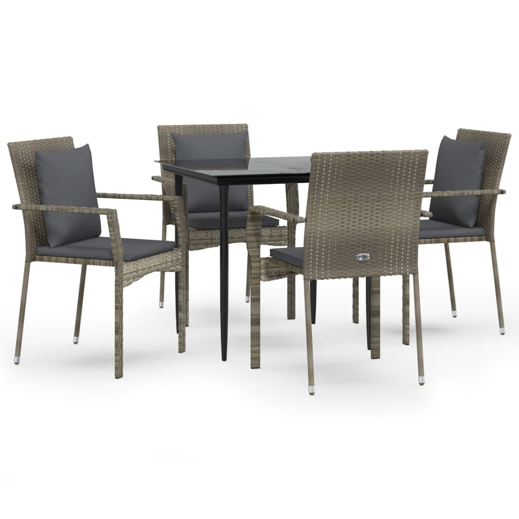 5 Piece Patio Dining Set with Cushions Black and Gray Poly Rattan