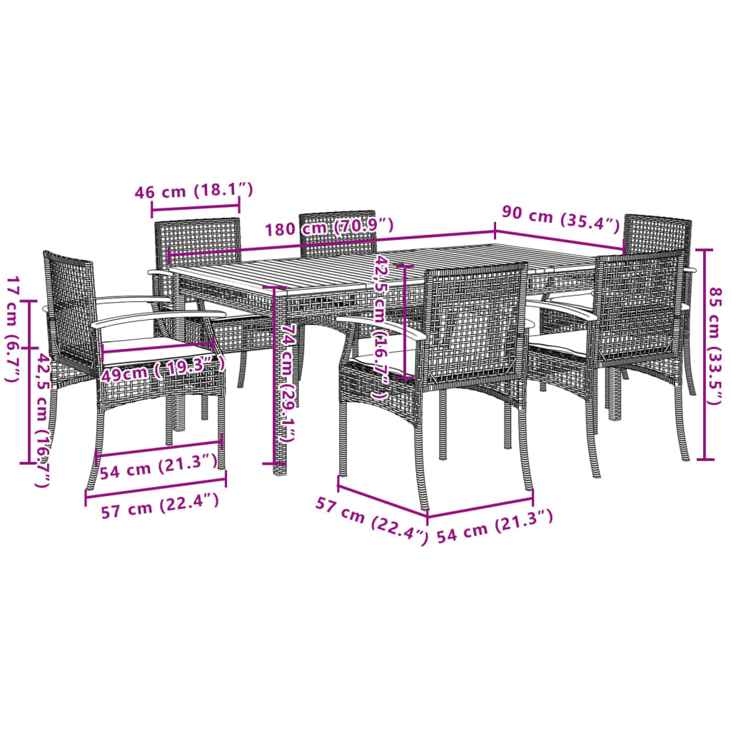 7 Piece Patio Dining Set with Cushions Gray Poly Rattan