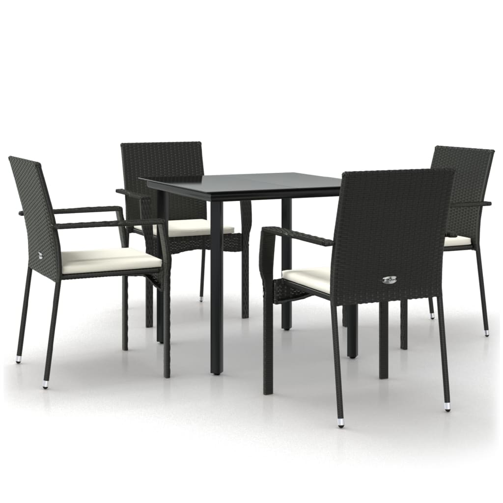 5 Piece Patio Dining Set with Cushions Black Poly Rattan