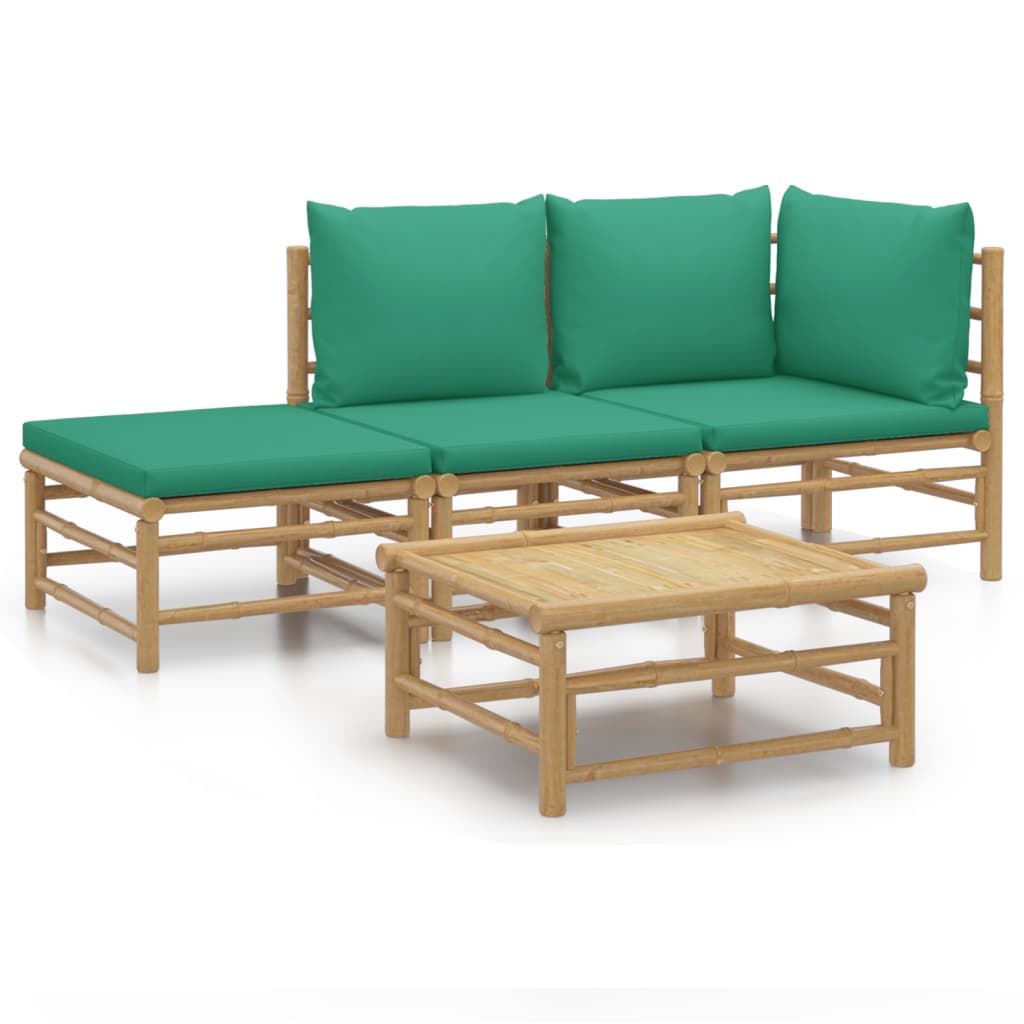 4 Piece Patio Lounge Set with Green Cushions Bamboo