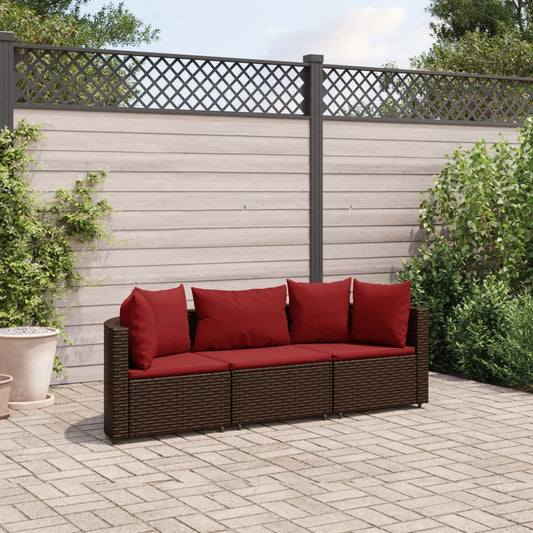 3 Piece Patio Sofa Set with Cushions Brown Poly Rattan