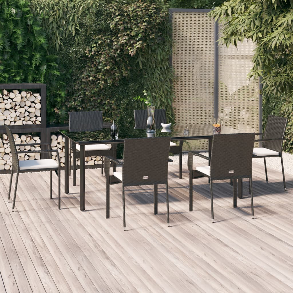 7 Piece Patio Dining Set with Cushions Black Poly Rattan