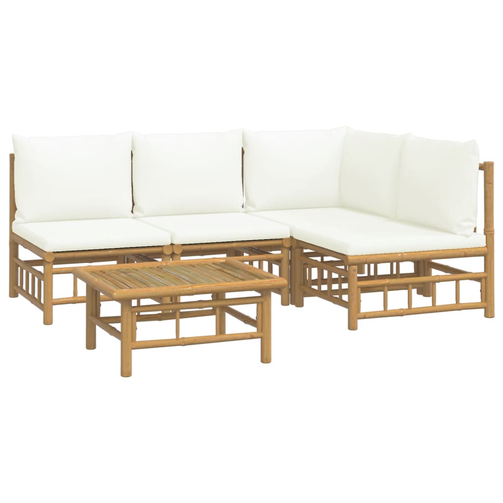 5 Piece Patio Lounge Set with Cream White Cushions Bamboo