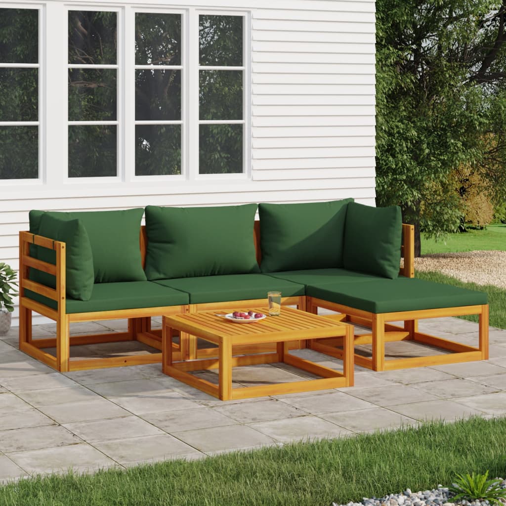 5 Piece Patio Lounge Set with Green Cushions Solid Wood