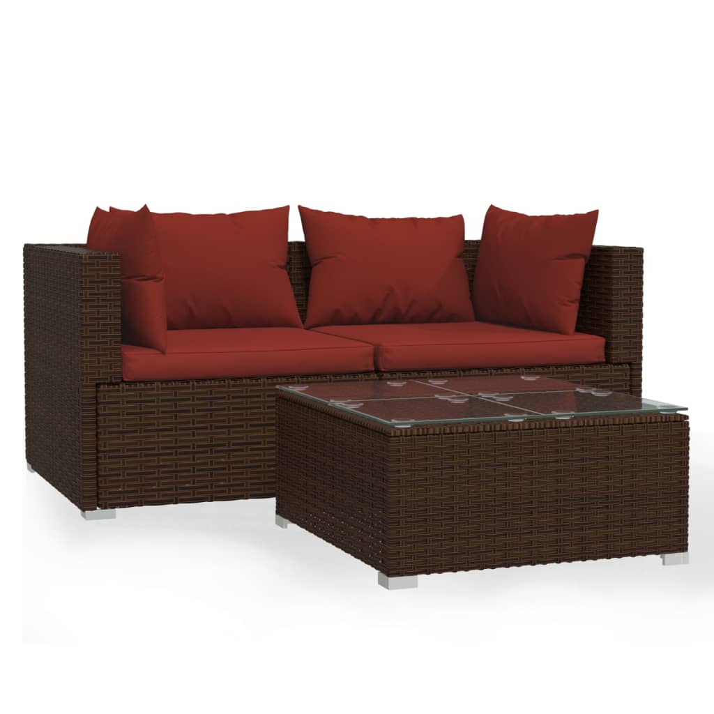 Patio Furniture Set 3 Piece with Cushions Brown Poly Rattan