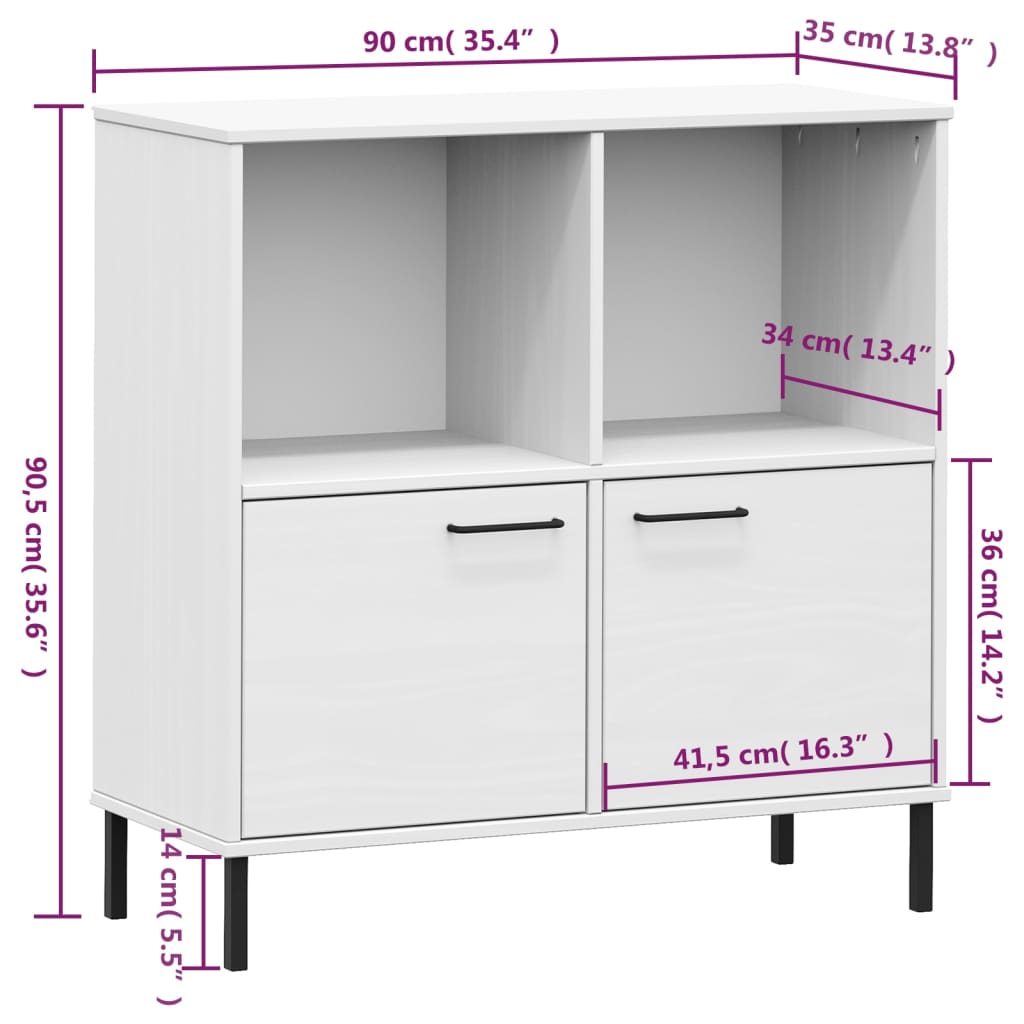 Bookcase with Metal Legs White 35.4"x13.8"x35.6" Solid Wood OSLO