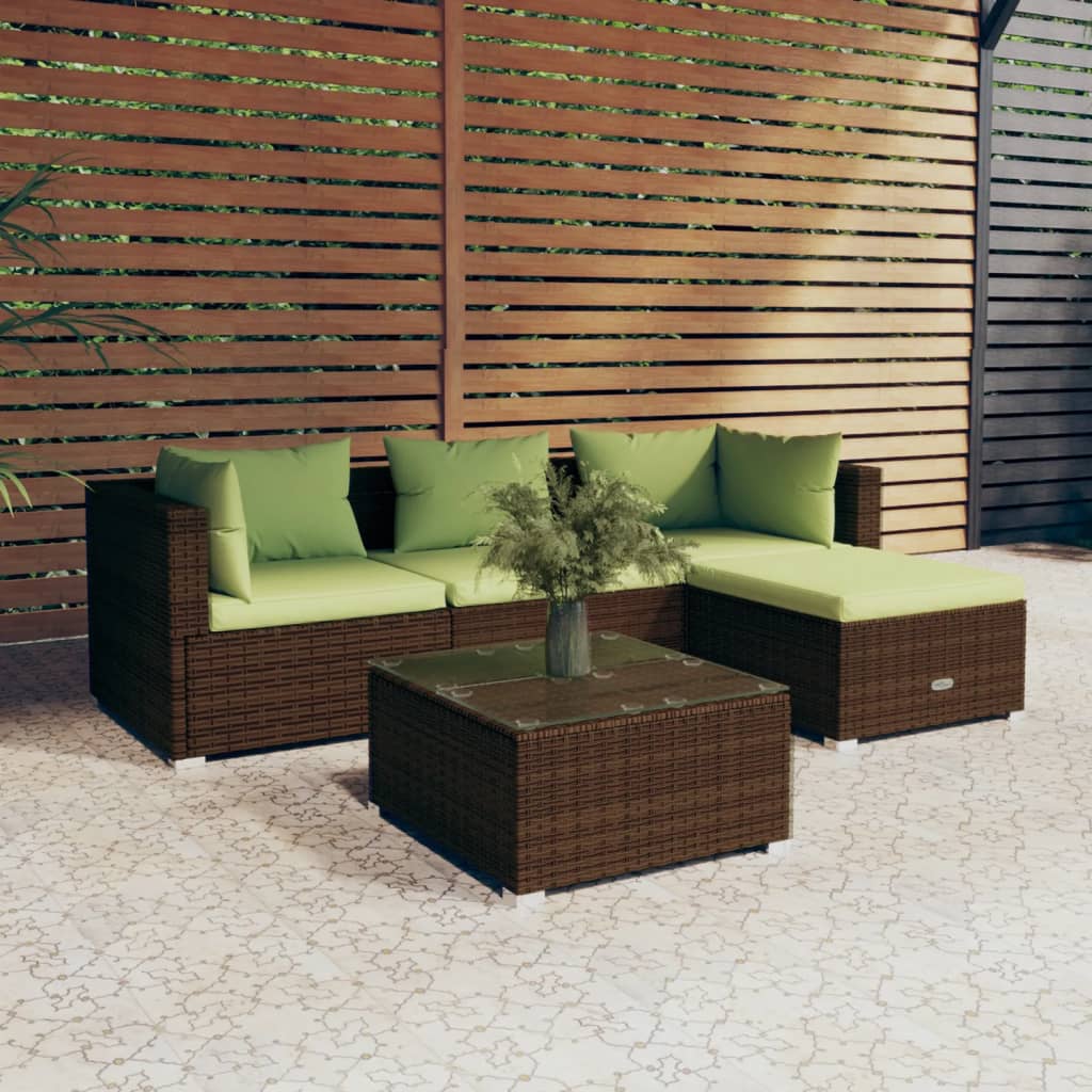 5 Piece Patio Lounge Set with Cushions Poly Rattan Brown